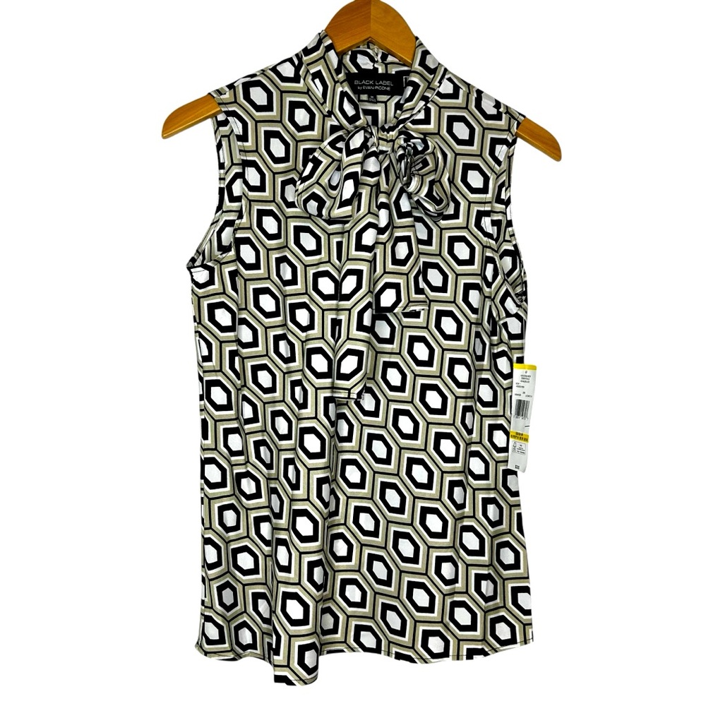 Black Label Evan Picone Sleeveless Blouse MED Pussybow Detail Khaki Black NWT